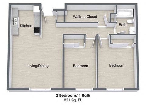 Floor plan for 2 beds, 1 bath, 714 sqft